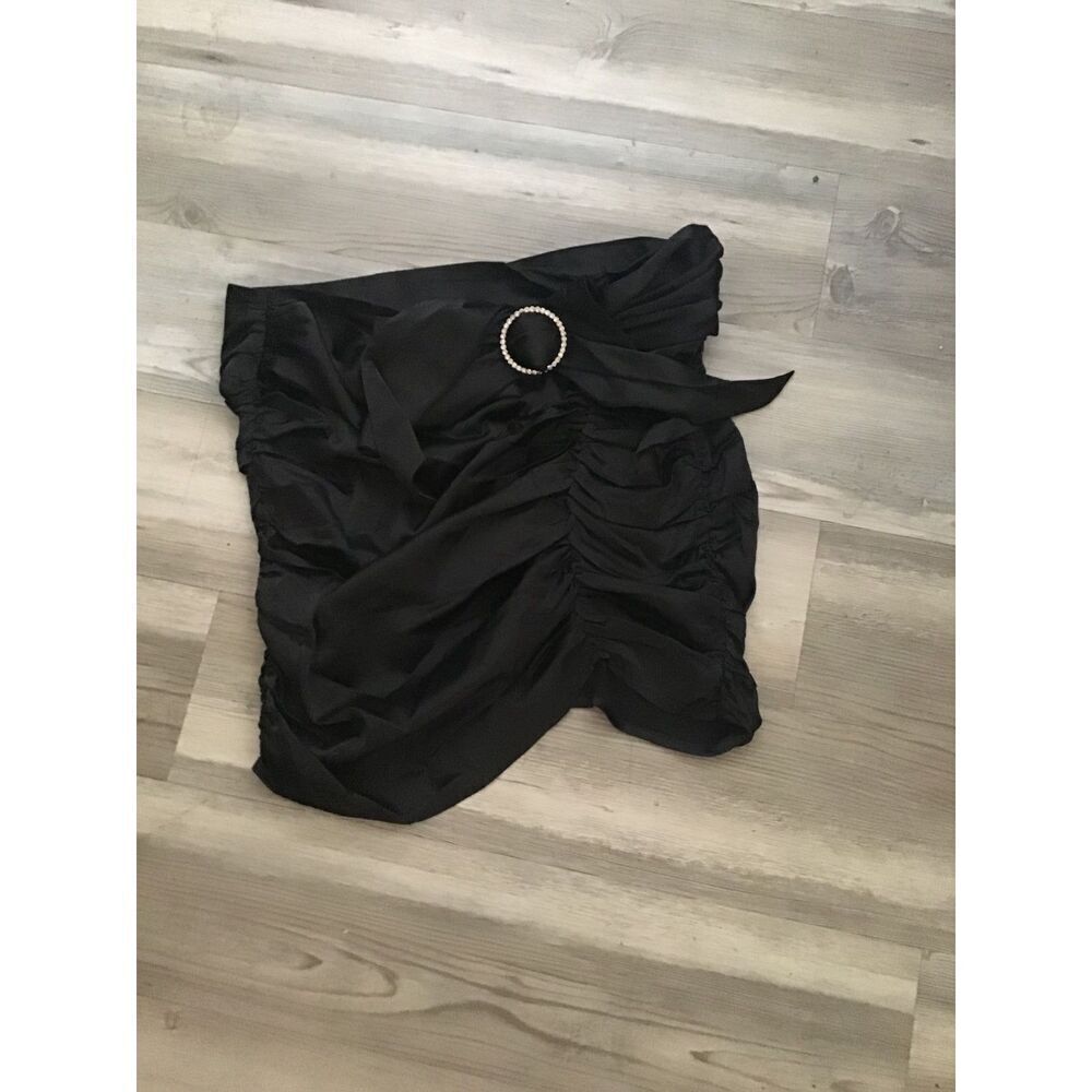 NWT~Dolls Kill Horoscopez Black Satin Ruched Mini Skirt w/Rhinestone Circle